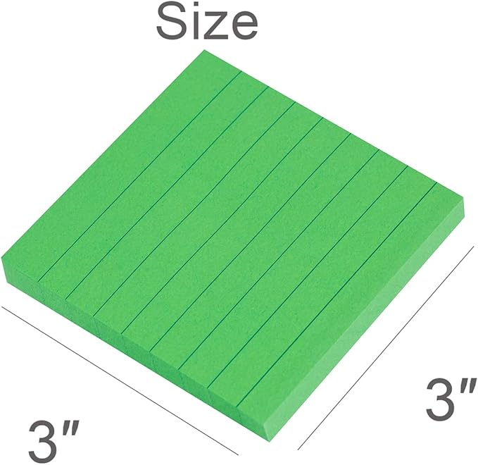 Vanpad Lined Sticky Notes 3x3 Inches, Big Green Ruled Self-Stick Pads, Easy to Post for Home, Office, Notebook, 8 Pads/Pack