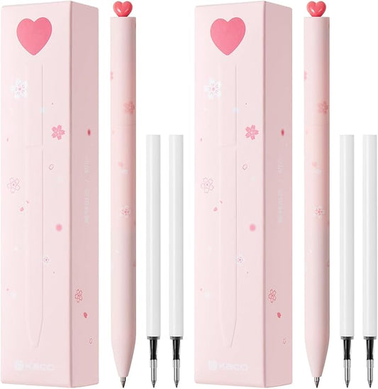 Kaco FIRST Gel Pens Cute Stationery, Pack of 2 Pieces Heart Pen Set with Extra 4 Black Refills (2 Pink)