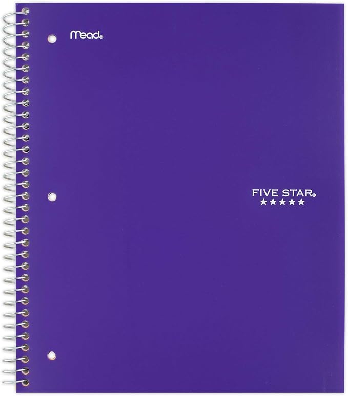 Five Star Spiral Notebook, 1 Subject, Wide Ruled Paper, 10-1/2" x 8", 100 Sheets, Assorted Colors, Color Will Vary, Office Product , 1 Count (05200)
