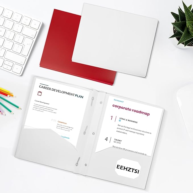 60-Pack Plastic Folders with Pockets and Prongs,2-Pocket Folders with 3 Fasteners, Poly Folders Holds 8-1/2" x 11" Paper for School/Office/Home, White