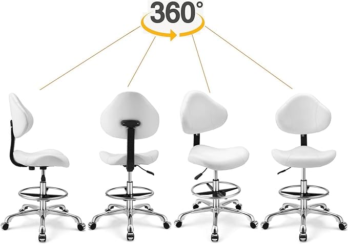 Kaleurrier Ergonomic Drafting Chair with Back Support,Multi-Functional Height Adjustable Swivel Rolling Stool,Multi-Purpose Home Office Desk Chair (White)