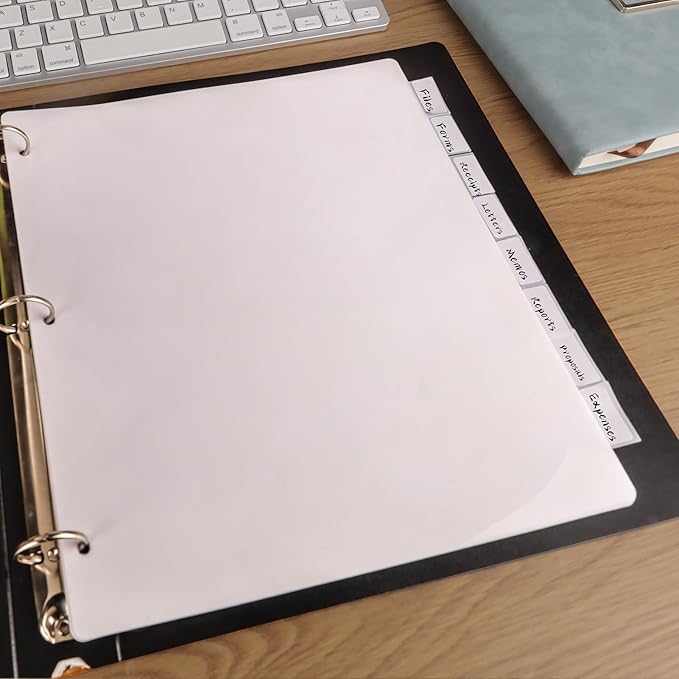 3 Ring Binder Dividers with 8 Tabs, 12 Set 8 Dividers Binder, 1/5 Cut Tabs, Letter Size Binder Dividers White, Sheet Protectors 8.5" x 11", 3 Hole Punch Dividers 8 Tab Sets, Total 96 Dividers