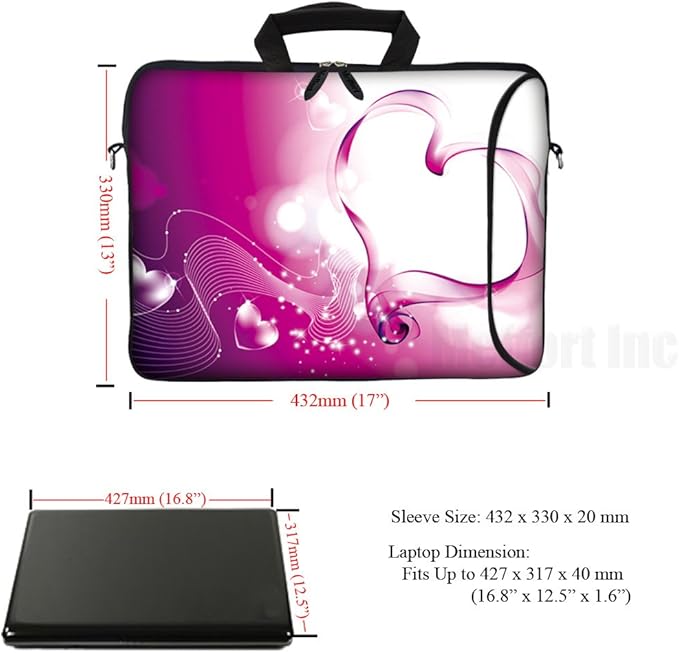 Meffort Inc 17 Inch Neoprene Laptop Bag with Extra Side Pocket, Soft Carrying Handle & Removable Shoulder Strap Fit 16" to 17.3" Size - Pink Red Heart