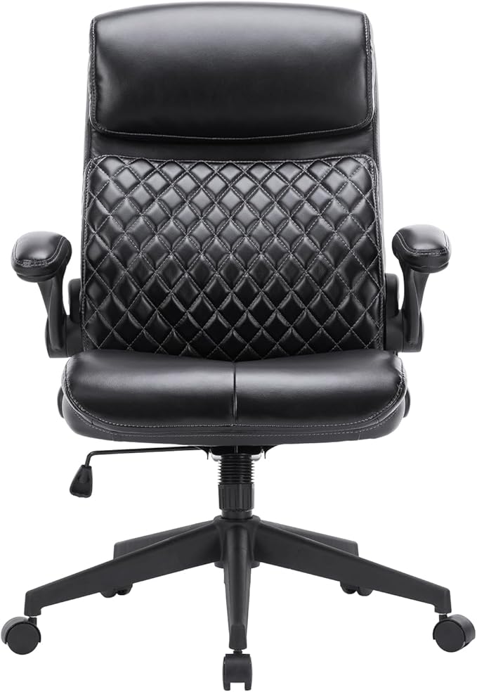 COLAMY Office Chair High Back Executive Computer Desk Chair, Ergonomic Home Office Chair with Padded Flip-up Arms, Adjustable Height and Tilt, Swivel Task Chair with Thick Leather, Diamond Black