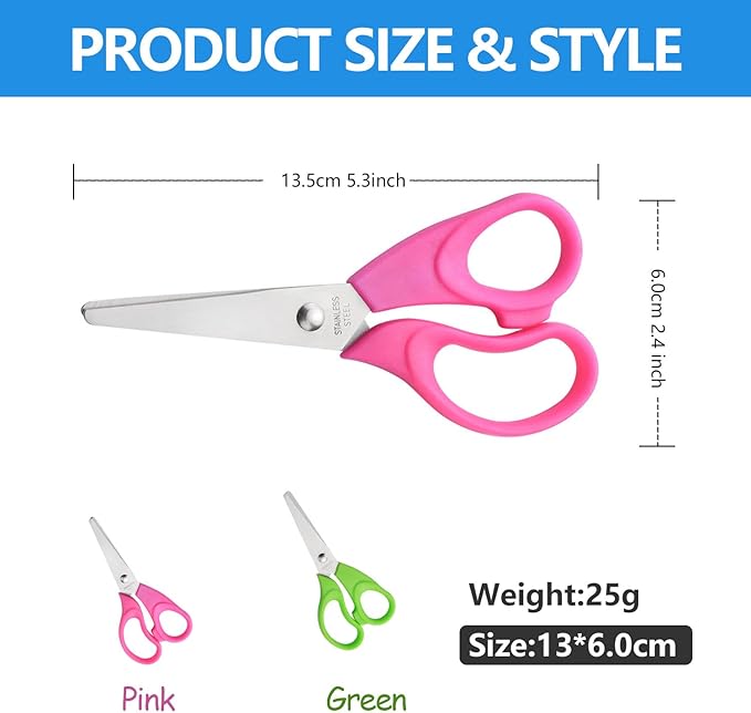 Kids Scissors, Blunt-Tip Scissors Stainless Steel Blades & plastic handle, Scissors for School or Crafting, Back to School Supplies,13.5cm, 2 Pack (GREEN+PINK)