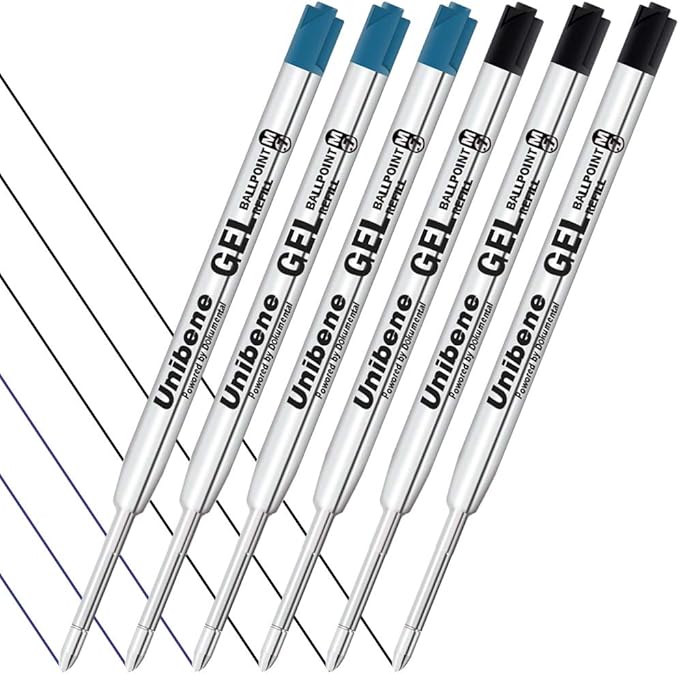 Unibene Parker Compatible Gel Ink Ballpoint Refills 12 Pack,0.7mm Medium Point- 6 Black&6 Blue, Smooth Writing Replaceable German Ink Tactical Pen Refills for Parker Ballpoint/UZI Pen