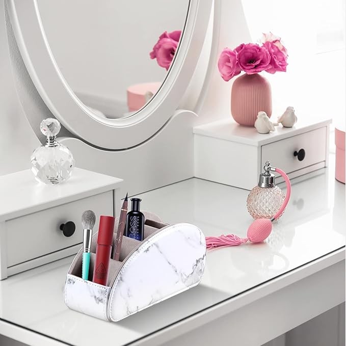 All-in-One Leather White TV Remote Holder with 5 Compartments Nightstand Desktop Media Player Remote Caddy Storage Box Organizer Tray for Mobile Phone Office Stationery