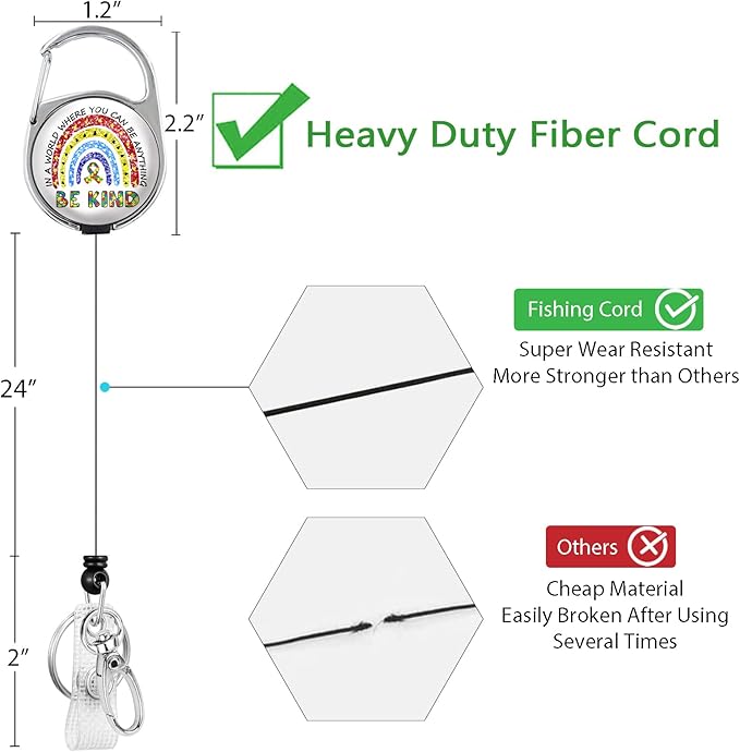 Autism Awareness Badge Reel Retractable Heavy Duty with 360°Swivel Carabiner Clip, Cute Be Kind Rainbow ID Badge Holder Retractable, Nurse Teacher ID Card Holder Retractable Keychain Name Badge Clip