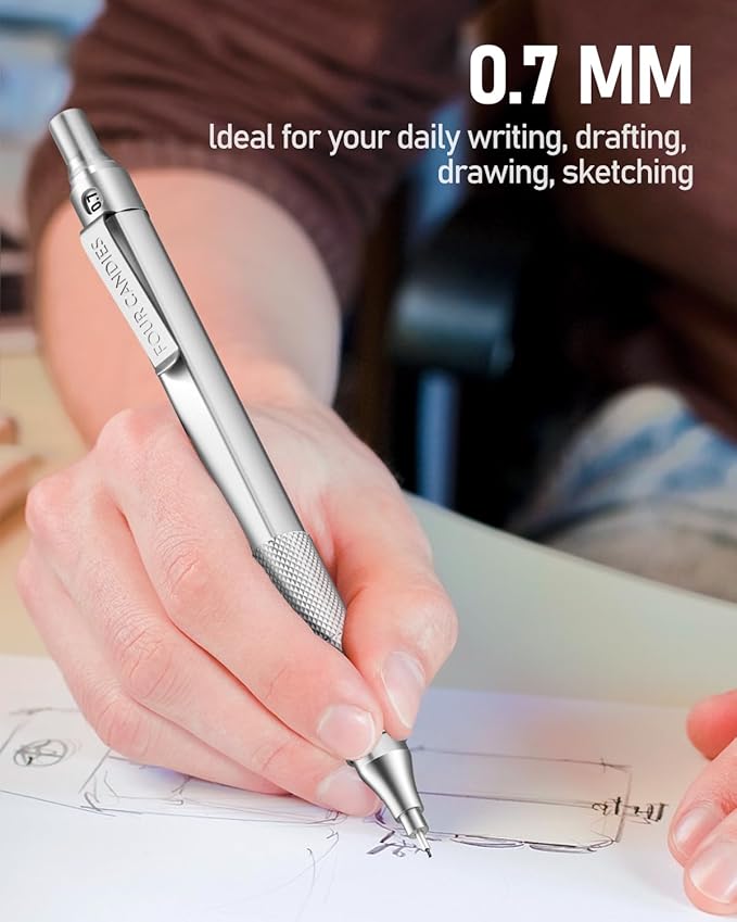 Four Candies 0.7mm Mechanical Pencil Set with Case, 3PCS Metal Artist Lead Pencil with 8 Tubes (480PCS) HB Lead Refills, 3 Erasers, 9 Eraser Refills For Engineer Art Writing Drawing Drafting, Silver