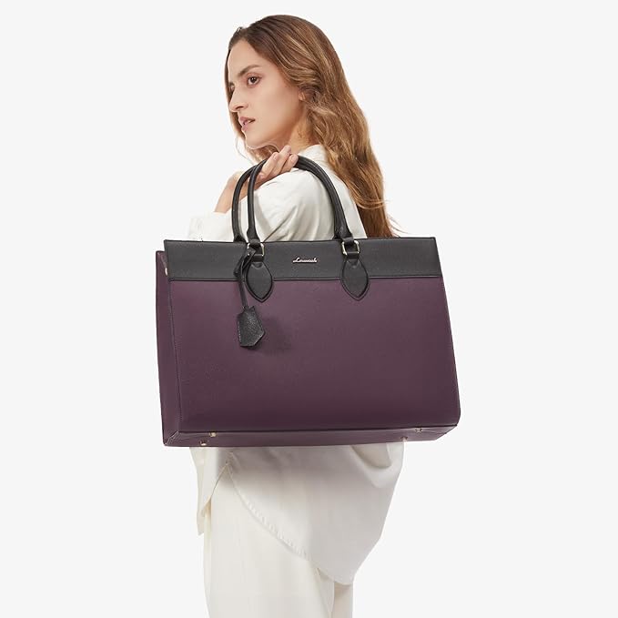 LOVEVOOK Laptop Bag for Women, 17.3 inch Laptop Tote Work Bag Purse, Large Waterproof Leather Computer Briefcase for Office, Purple-Black