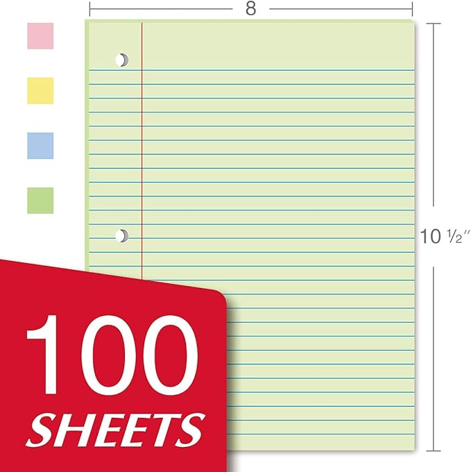 Kaisa Filler Paper Colored loose Leaf Paper, Wide Ruled 8x10.5in Colored Paper, 3-Hole Punched for 3-Ring Binders,100Sheets/pack 4Packs, FC10001W
