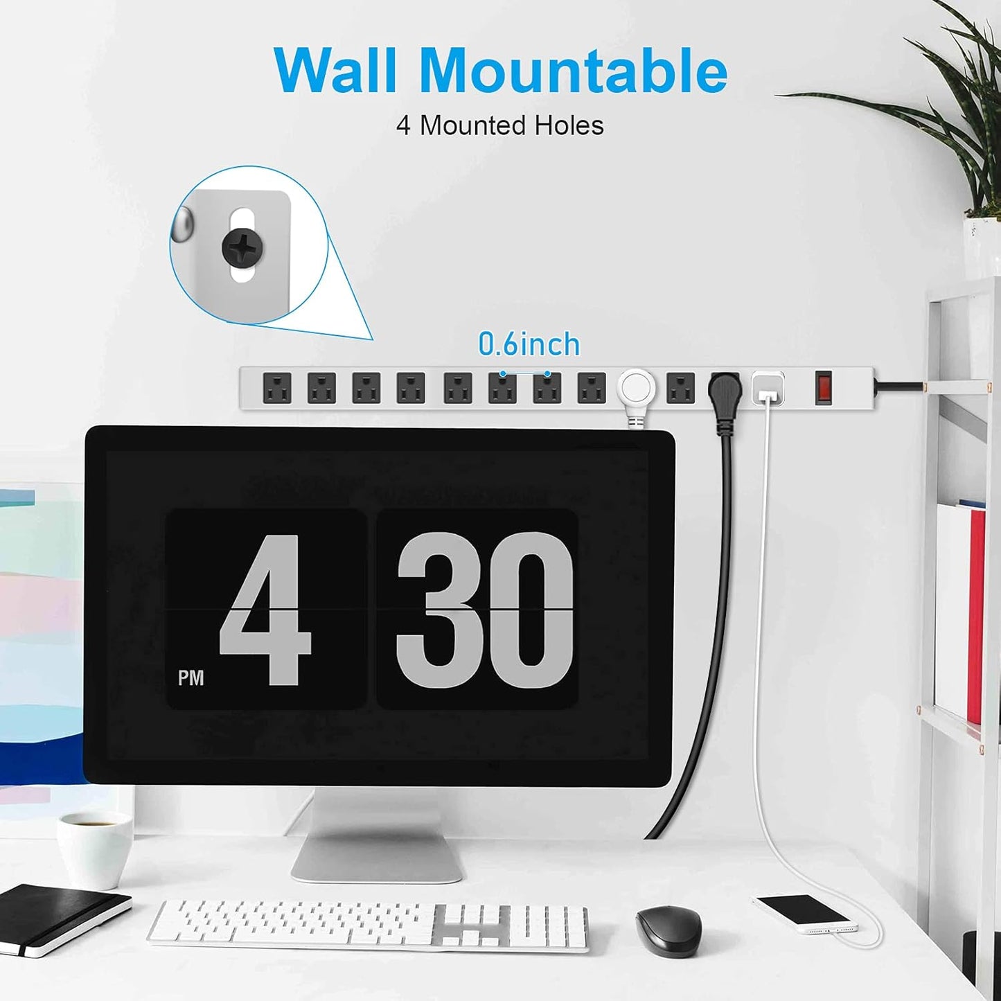 JUNNUJ Metal 12 Outlet Power Strip, Mountable Heavy Duty Power Strip, 1200J Surge Protector Wall Mount Screws Outlet with Switch, Gaming Desk Strips Wide Spaced 15A 125V 1875W, 6 FT 14AWG Power Cord