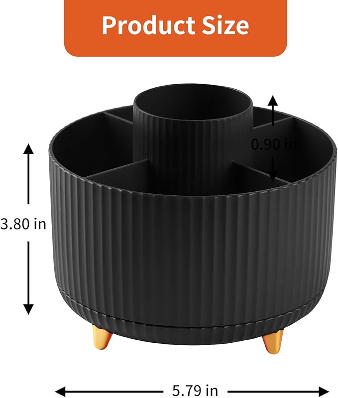 Desk Pencil Pen Holder, 5 Slots 360°Degree Rotating Pencil Pen Organizers for Desk, Desktop Storage Stationery Supplies Organizer, Cute Pencil Cup Pot for Office, School, Home, Art Supply, Black