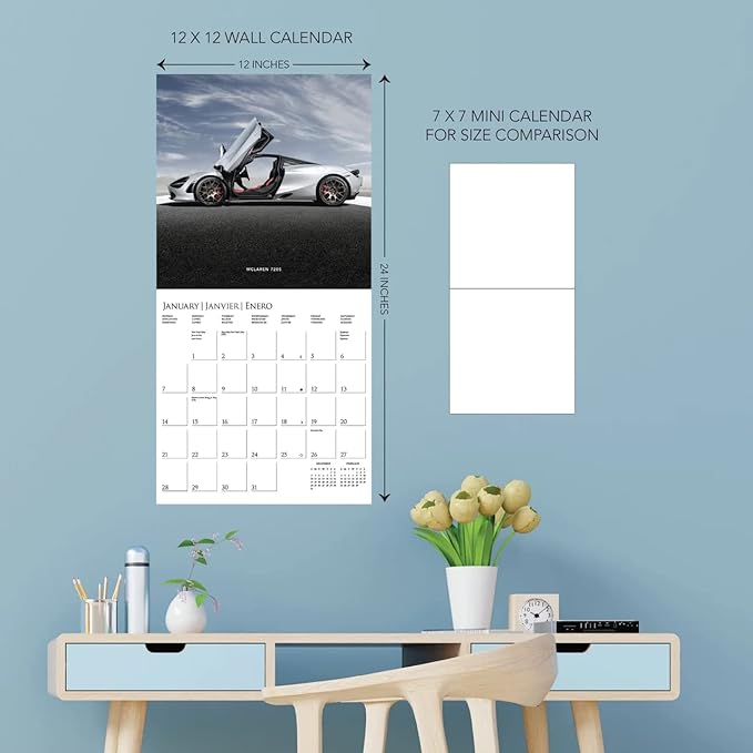 Graphique 2024 Car Legends Wall Calendar | 12” x 12” | Thick Paper | Home & Office Organizer | Large Monthly Grid | 3 Languages & Marked Holidays | 4 Month Preview Page for 2025