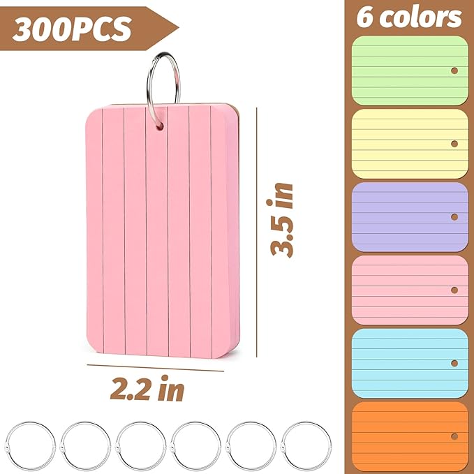 Koogel 300 Pcs Colored Index Cards, 2.2 x 3.5 Inch Study Notecards with Ring for School, Learning, Memory