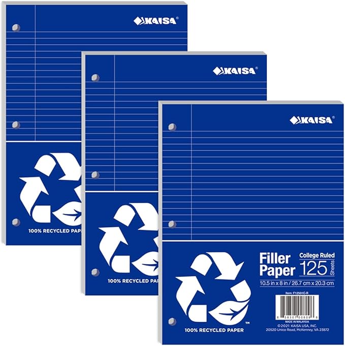 KAISA Filler Paper 8 x10.5inch Recycled Loose Leaf Paper, College Ruled, 3-Hole Punched for 3-Ring Binder Paper, 125Sheets/Pack 3pack, F12501C-R