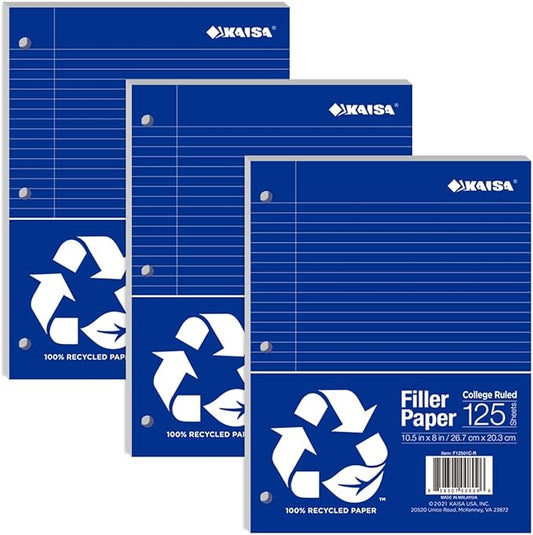 KAISA Filler Paper 8 x10.5inch Recycled Loose Leaf Paper, College Ruled, 3-Hole Punched for 3-Ring Binder Paper, 125Sheets/Pack 3pack, F12501C-R
