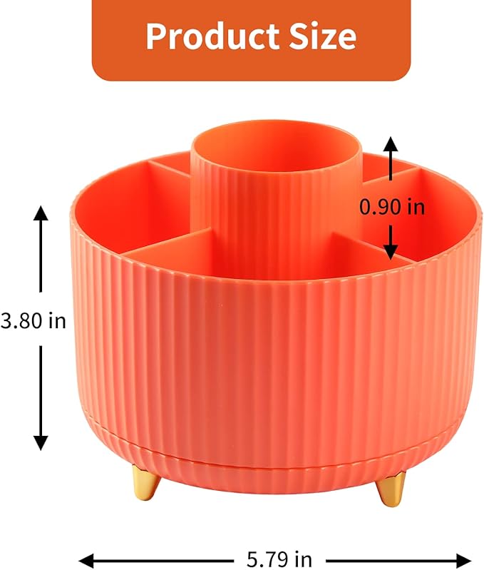 Desk Pen Holder, 5 Slot 360 Rotating Pen Organizer for Desk, Desktop Storage Stationery Supplies Organizer, Cute Pencil Cup Pot for Office, School, Home, Art Supply, Orange