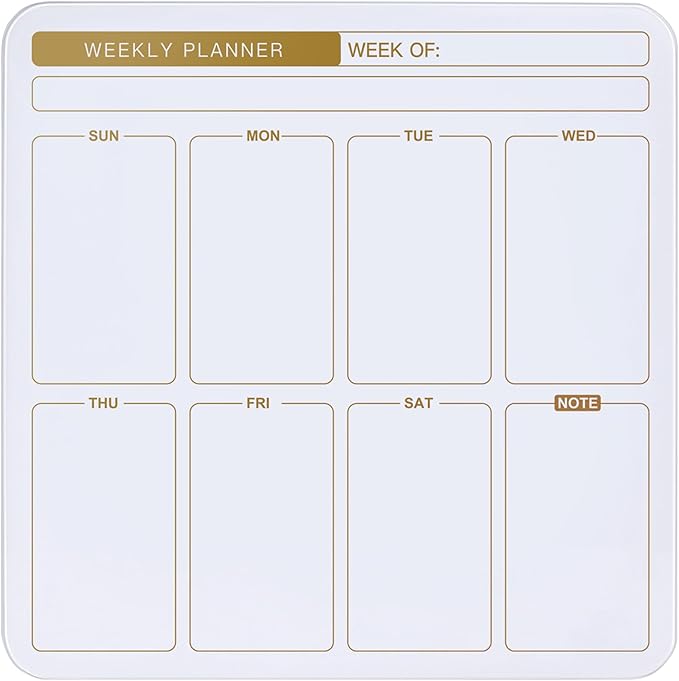 SELEAD Magnetic Glass Planning Board for Small Apartment - 18”x18” Dry Erase Whiteboard Weekly Planner Wall Calendar, Message Memo TODO Board for Home Kitchen, White&Gold
