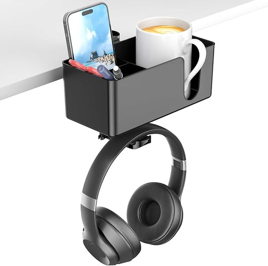 KDD 4 in 1 Desk Cup Holder - Clamp on Under Desk Headphone Hanger - Rotating Headphone Holder Detachable Pen Cup Holder Desk Storage for Cup, Phone and Pen(Black)