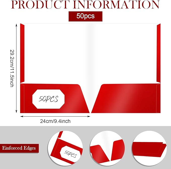 Jutom 50 Pcs 2 Pocket Glossy Paper Folders Glossy Paper Laminated Portfolios, Letter Size, Presentation Folders with Pockets for Office Teacher Worker Supplies(Red Color)