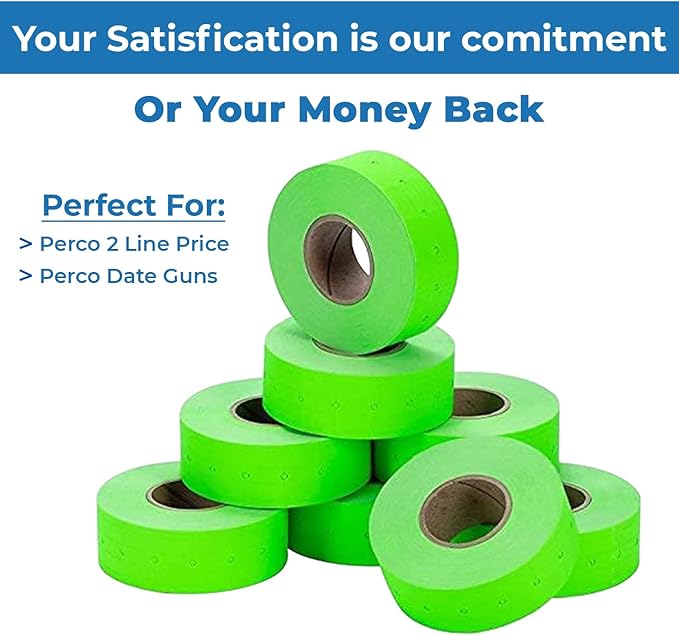 Perco 2 Line Fluorescent Green Labels - 32 Rolls, 4 Sleeves, 24,000 Blank Price and Date Gun Labels for Perco 2 Line Price and Date Guns - Made in USA