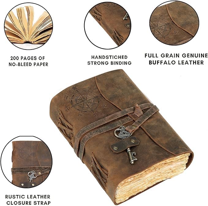 cuero Compass Vintage Leather Journal Antique Handmade Leather Bound Journal with Deckle Edge Paper Diary Leather Sketchbook Drawing Journal Notebook Great Gift Men & Women (Vintage Brown, 4X6 Inch)