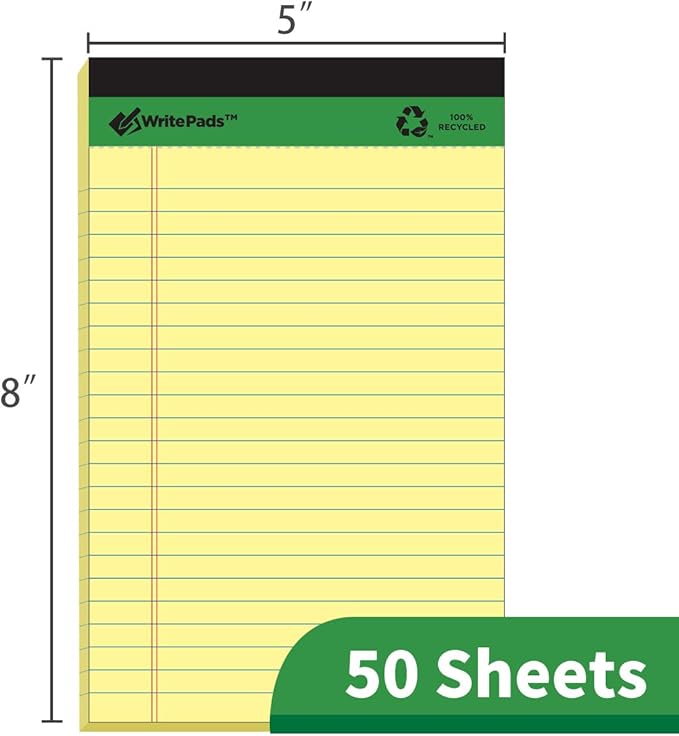 KAISA Legal Pad Writing Pads, Narrow Ruled 5"x8" 50 Sheets Perforated Recycled Paper Write Pad Notepad, Yellow/Canary(12pads), KSU-5675