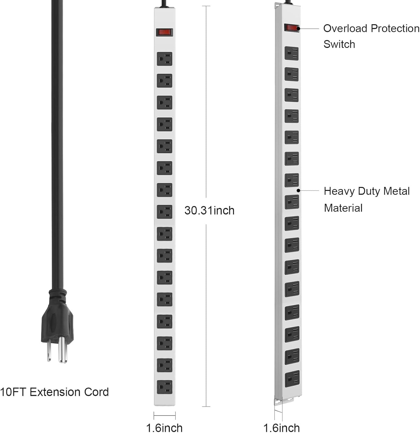 JUNNUJ Metal 16 Outlet Power Strip, Mountable Heavy Duty Power Strip, 1200J Surge Protector Wall Mount Screws Outlet with Switch, Gaming Desk Strips Wide Spaced 15A 125V 1875W, 10 FT 14AWG Power Cord