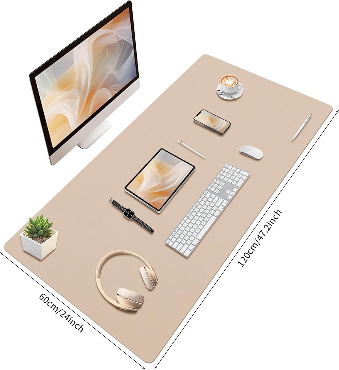 Bloss Extra Large Leather Desk Mat 47.2" x 24" Non-Slip Dressing Table Cover Protector, Waterproof Student Study Desk Mat, PU Leather Computer Writing Desk Pad for Home Office and Decor - Beige