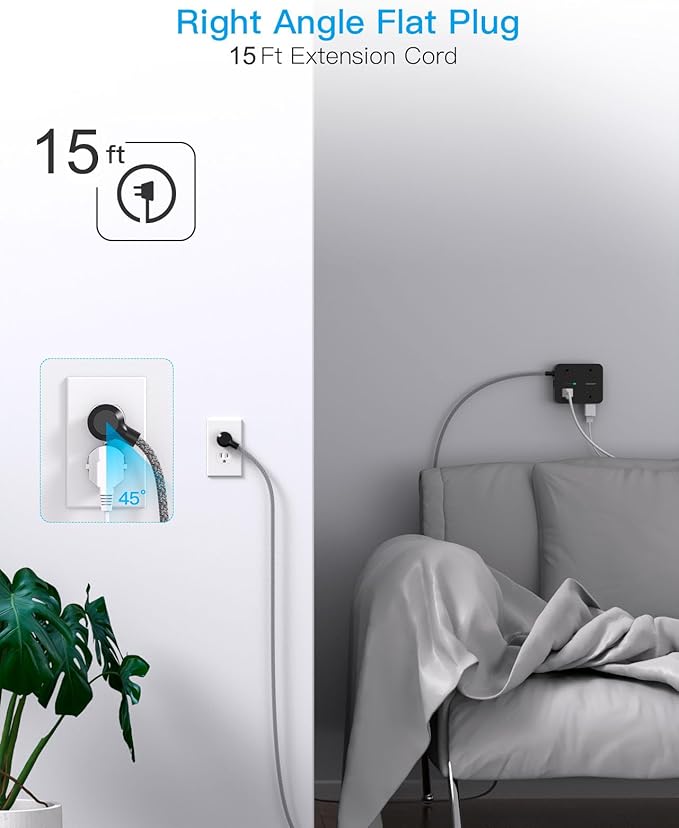 Long Extension Cord 15 ft, Surge Protector Power Strip 15 Feet with 4 Outlets 4 USB Ports (2 USB C), 3 Prong Desk Charging Station, Wall Mount for Indoor Essentials