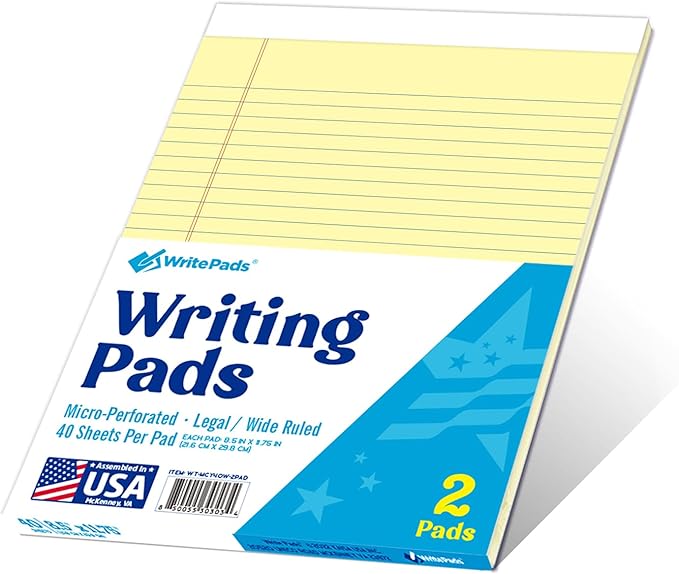 KAISA Legal Pads 8.5x11 Writing Pads Wide Ruled Notepads 8.5"x11.75" Canary Note Pads, Yellow 40 Sheets 2 Pads,WT-MCY40W-2PAD, Made in the USA