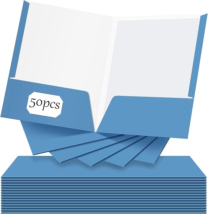 Jutom 50 Pcs 2 Pocket Glossy Paper Folders Glossy Paper Laminated Portfolios, Letter Size, Presentation Folders with Pockets for Office Teacher Worker Supplies(Light Blue)