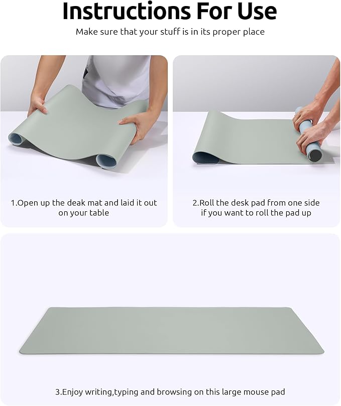 YSAGi Leather Desk Protector, Office Mat, Large Mouse Mat, Non-Slip PU Leather Blotter, Laptop Pad, Waterproof Writing Pad for Office and Home (Grayish Green, 35.4" x 17")