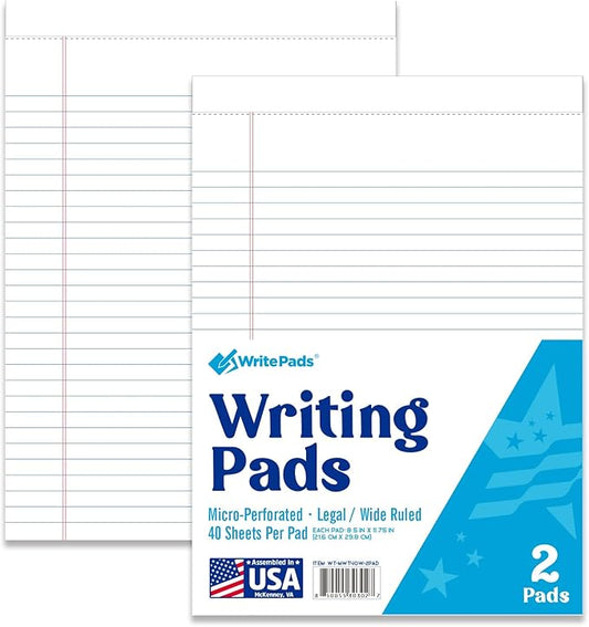 KAISA Legal Pads 8.5x11 Writing Pads Wide Ruled Notepads 8.5"x11.75" White Note Pads 40 Sheets 2 Pads,WT-MWT40W-2PAD,Made in the USA.