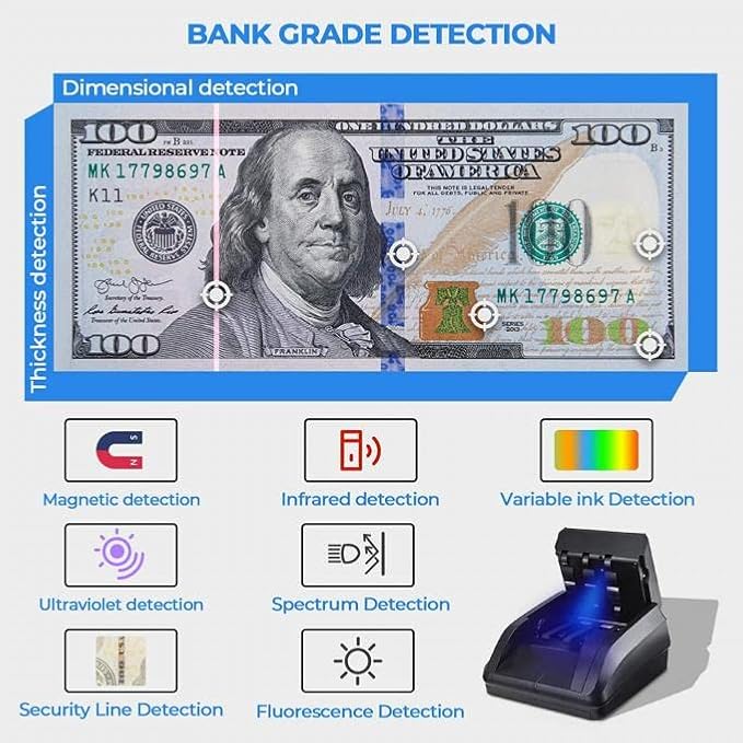 K630 Counterfeit Bill Detector for US Dollars. Checks for UV(Ultraviolet), MG(Magnetic), IR(Infrared), Paper Quality and Size.