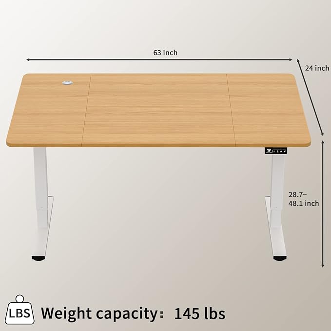 Furmax Electric Height Adjustable Standing Desk Large 63 x 24 Inches Sit Stand Up Desk Home Office Computer Desk Memory Preset with T-Shaped Metal Bracket, Wood