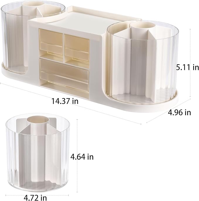 Rotating Desk Organizer with 2 Pen Holder, Desk Organizers and Accessories with 10 Slots Pencil Holder for Desk + 3 Drawer, Art Supply Storage Box Caddy for Office School Home (White)