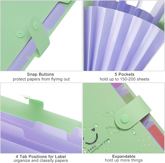 Forvencer Accordion File Organizer, Letter Size, 5 Pocket Expanding File Folder, Cute File Folder with Labels, Portable File Organizer for School Office Supplies, Folders for Documents, Green
