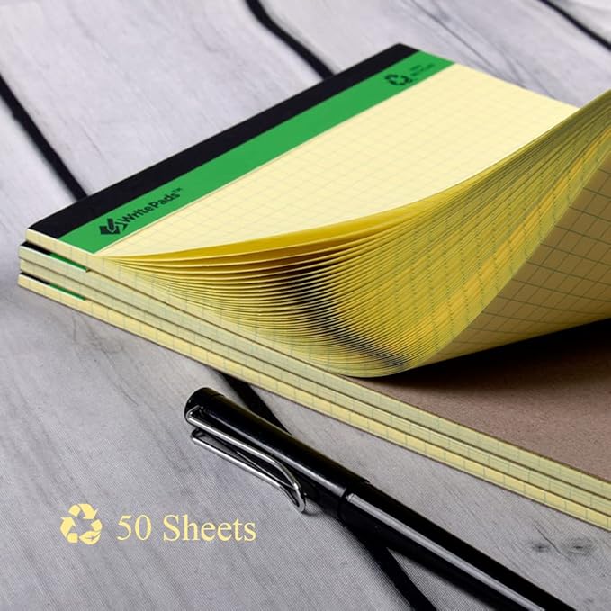 KAISA Quad Legal Pad Writing Pads, 8.5"x11.75" Graph Ruled 8.5x11 Legal Pads Note Pads, 50 Sheets Grid Paper Pads Recycled Notepads, Canary 6 Pads, KSU-7532