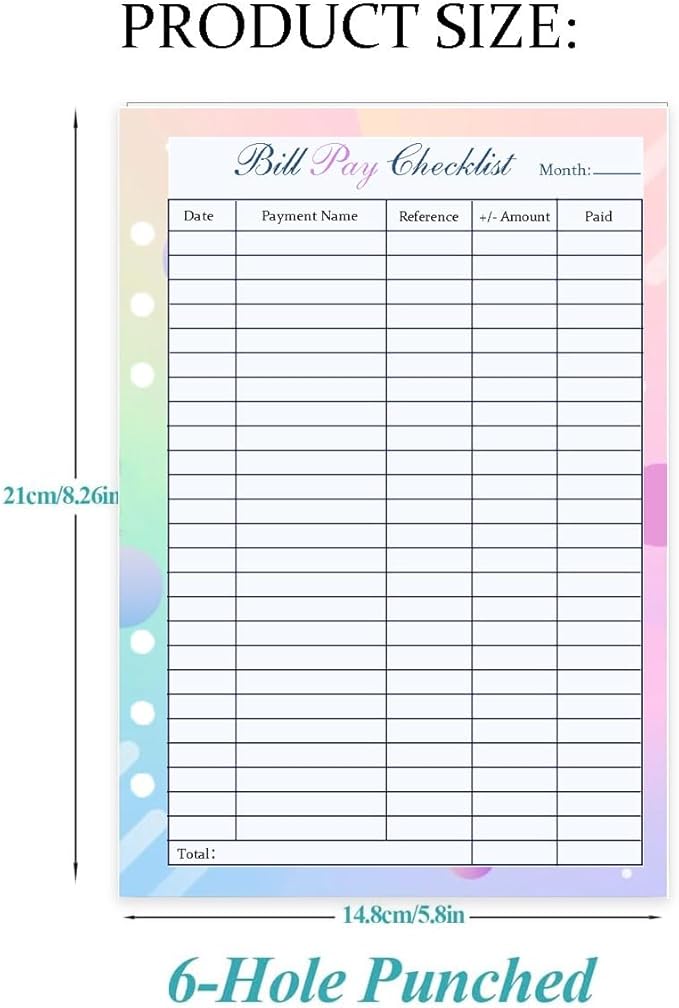 Payment Checklist Refills Paper Colorful Monthly Budget Forms for A5 Binder 6-Hole Punched 100 Sheets/200 Pages 5.8"" x 8.3""