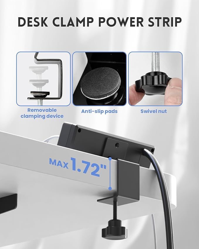 Desk Clamp Power Strip, 10FT Outlet Station with 2 Outlets, PD 20W Fast Charging, Flat Plug, 16 Gauge, Black Power Strip with USB C, Fit 1.72" Tabletop Edge
