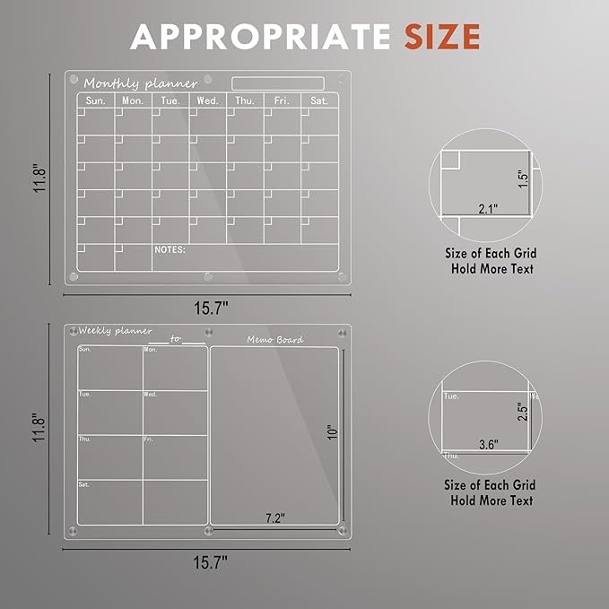 Magnetic Acrylic Calendar for Fridge,2 Pack 12"x16" Clear Fridge Calendar Dry Erase Magnetic Planning Boards Set Includes 6 Colorful Highlight Markers,Magnetic Pen Holder and Erase Towel