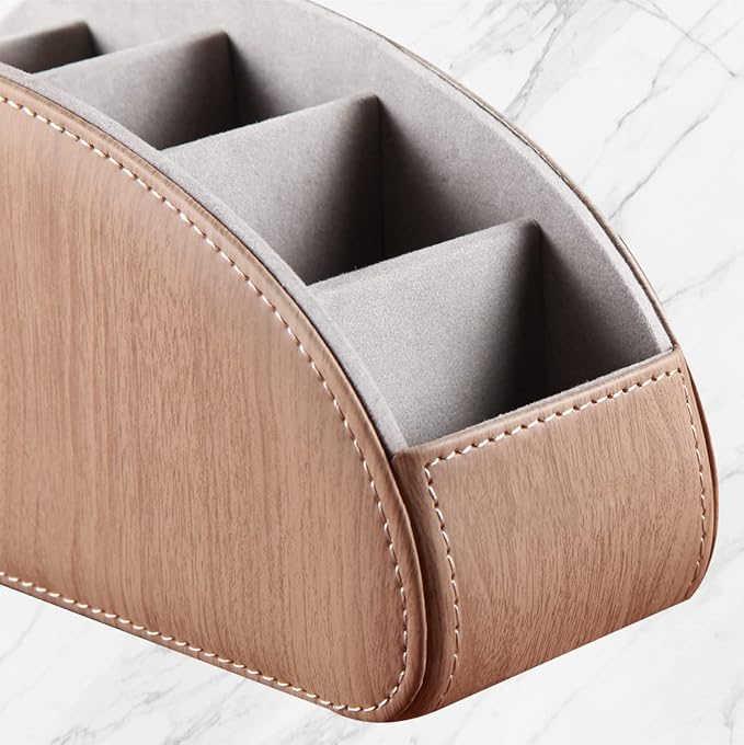 YAPISHI All-in-One Leather TV Remote Control Holder With 5 Compartments Nightstand Desktop DVD Media Player Remote Caddy Storage Box Organizer Tray For Makeup Brush Pen Stationary Table Controllers