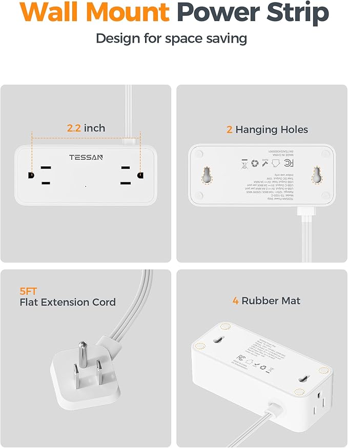 TESSAN White Extension Cord, Surge Protector Small Power Strip with 3 USB Ports (1 USB C), 900J Protection, 5 FT Flat Plug Power Strip, Mini Charging Station Suitable for Home Office Dorm