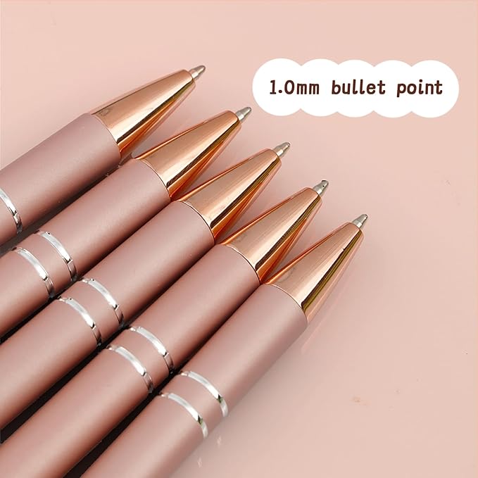 Ballpoint Pens, 6 Pack Rose Gold Metal Pens Black Ink Pens, 1.0mm Medium Point Stylus Pens for Touch Screens, Cute Pens Teacher Gifts Office Supplies for Women (6 Pcs Rose Gold, No Words)
