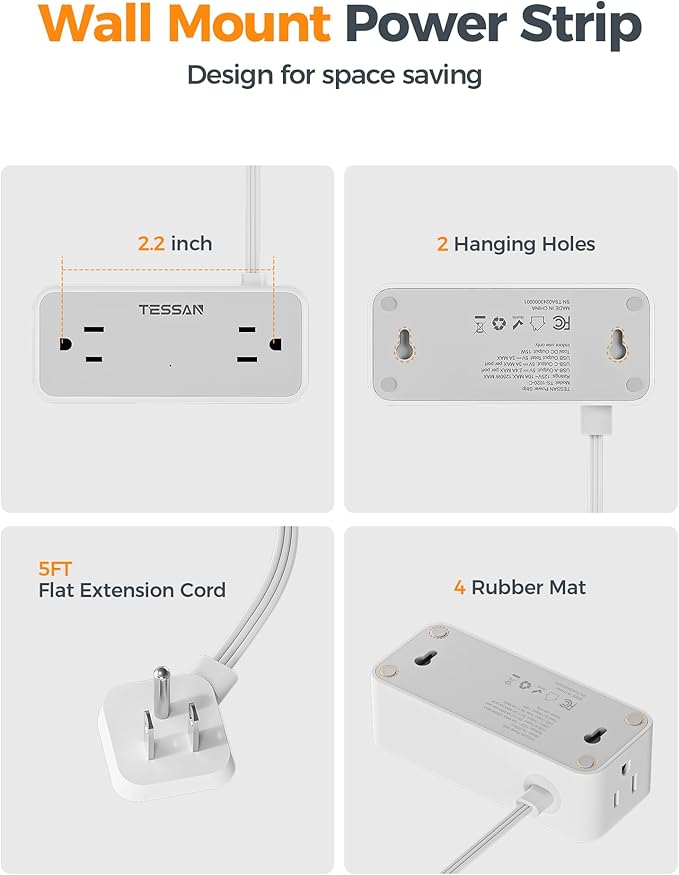 Flat Plug Extension Cord 5 FT, TESSAN Surge Protector Power Strip with 4 AC Outlets 1 USB C and 2 USB A Ports, 900 Joules Protection, Multiple Wall Outlet Extender Suitable for Home Office Dorm