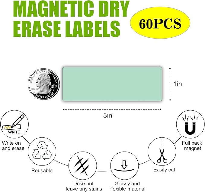Magnetic Dry Erase Magnets Labels(1x3",Pack of 60),Organizing Schedules in Office/Classroom.Reusable Name Tags on Fridge/White Board,Pastel Colors(Light Green)