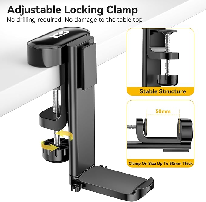 KDD 4 in 1 Desk Cup Holder - Clamp on Under Desk Headphone Hanger - Rotating Headphone Holder Detachable Pen Cup Holder Desk Storage for Cup, Phone and Pen(Black)