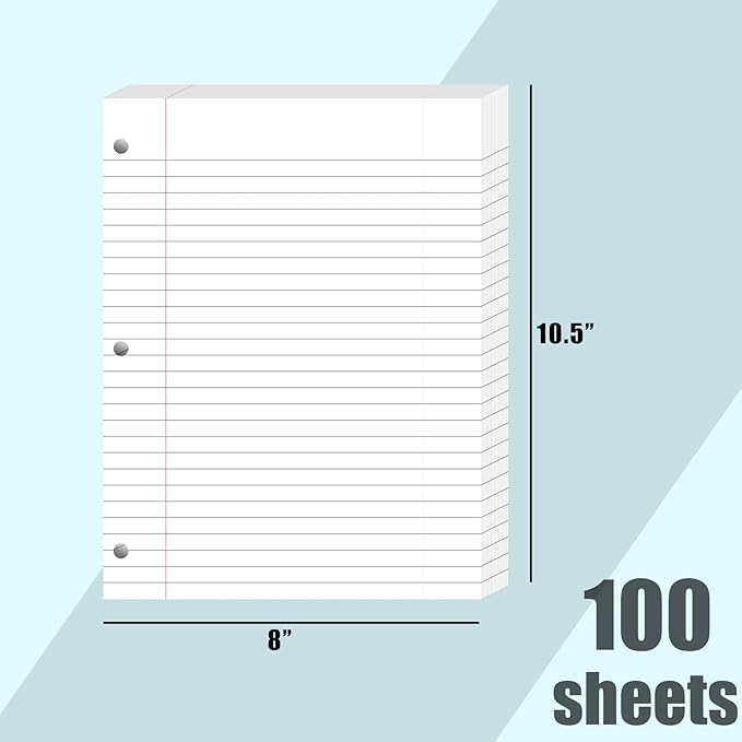 Koogel 100 Sheets Loose Leaf Paper, Wide Ruled Notebook Paper Bulk White Office Filler Paper 3-Ring Binders for School Office 8x10.5inch